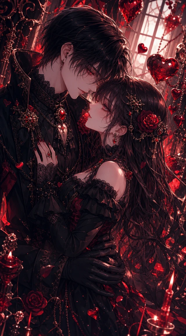 Casal de anime gótico em vermelho e preto com corações brilhantes