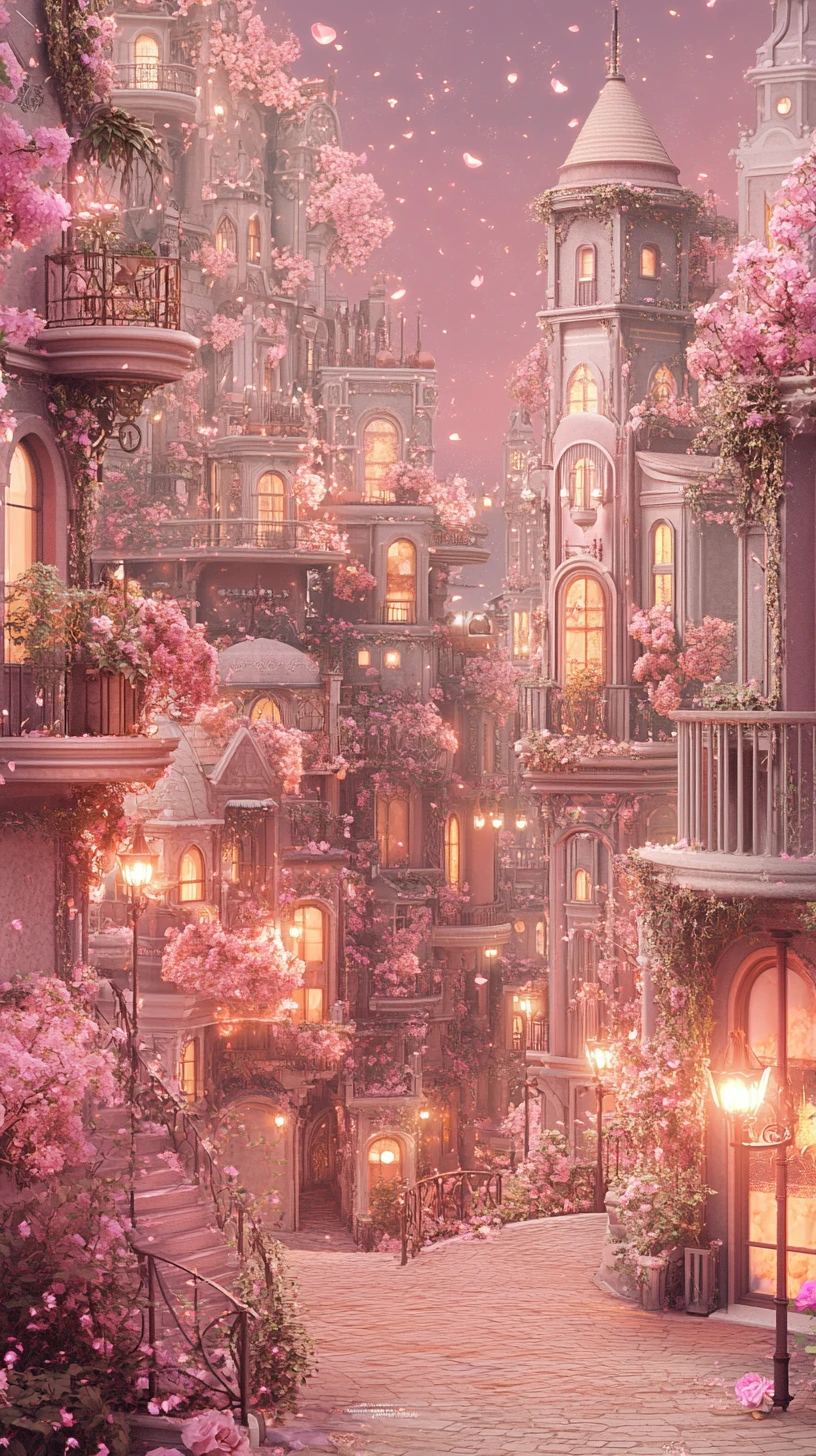 Paesaggio Urbano Fantasy Romantico con Architettura Fiabesca Ornamentale
