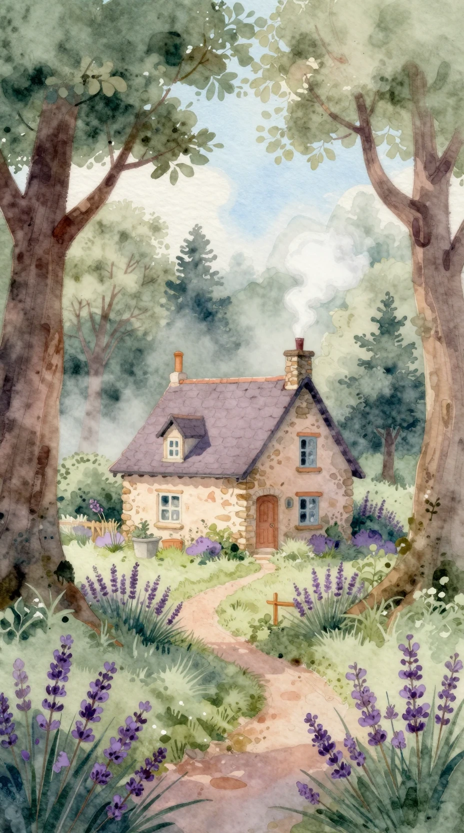 Acogedora cabaña en el bosque con lavanda en suaves tonos pastel de acuarela