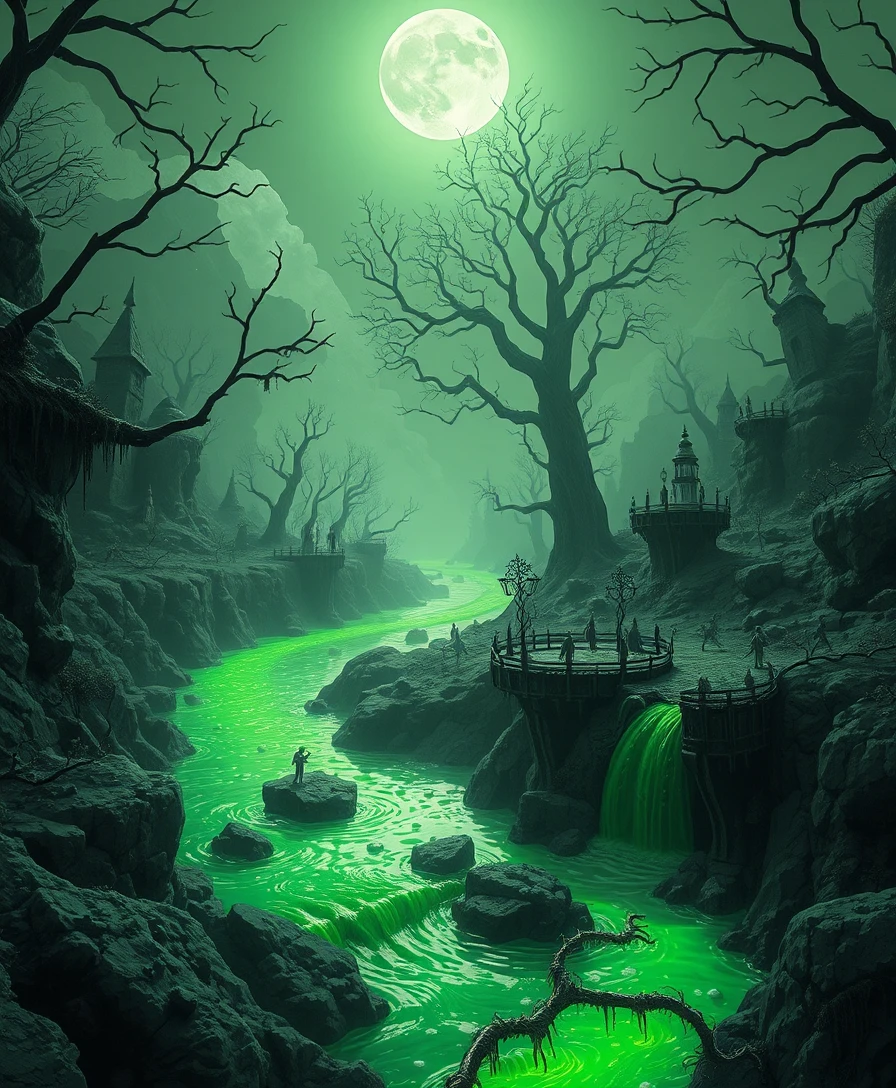 Rio Verde Surreal de Loucura sob o Suave Luar