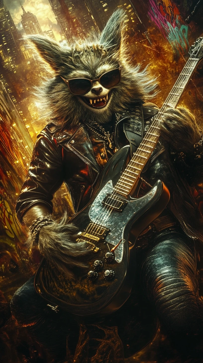Creatura rockstar con chitarra in un drammatico paesaggio urbano