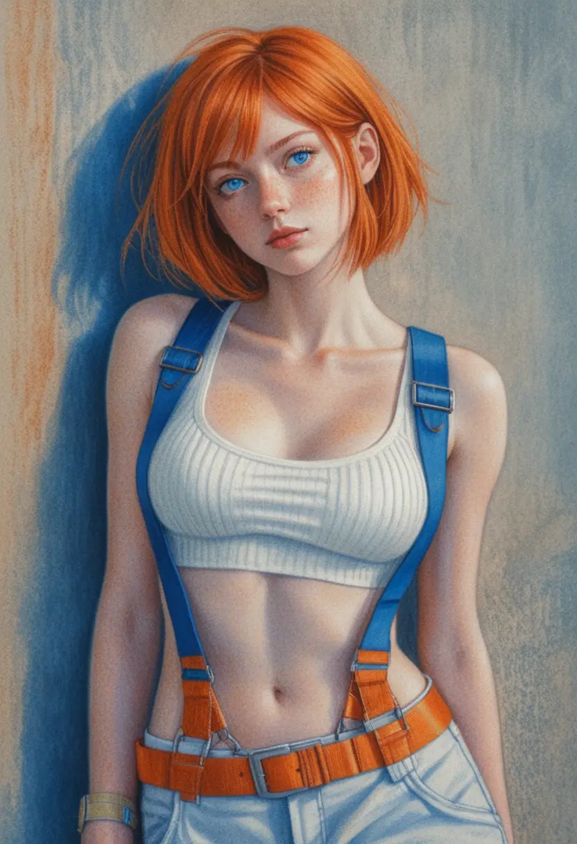 Donna anime in outfit tattico arancione contro un muro di cemento