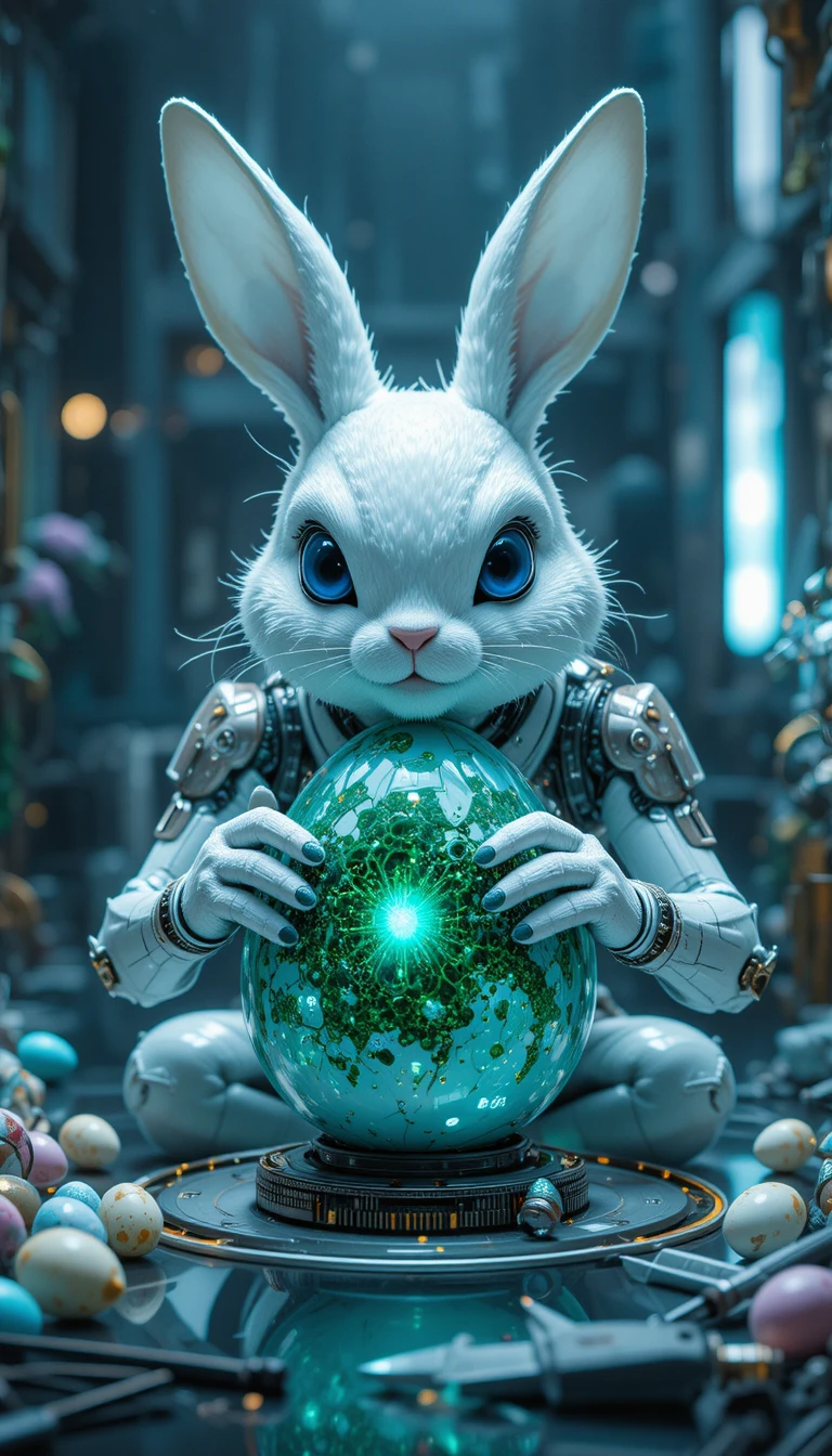 Coelho futurista reparando um dispositivo nanoegg em uma mesa
