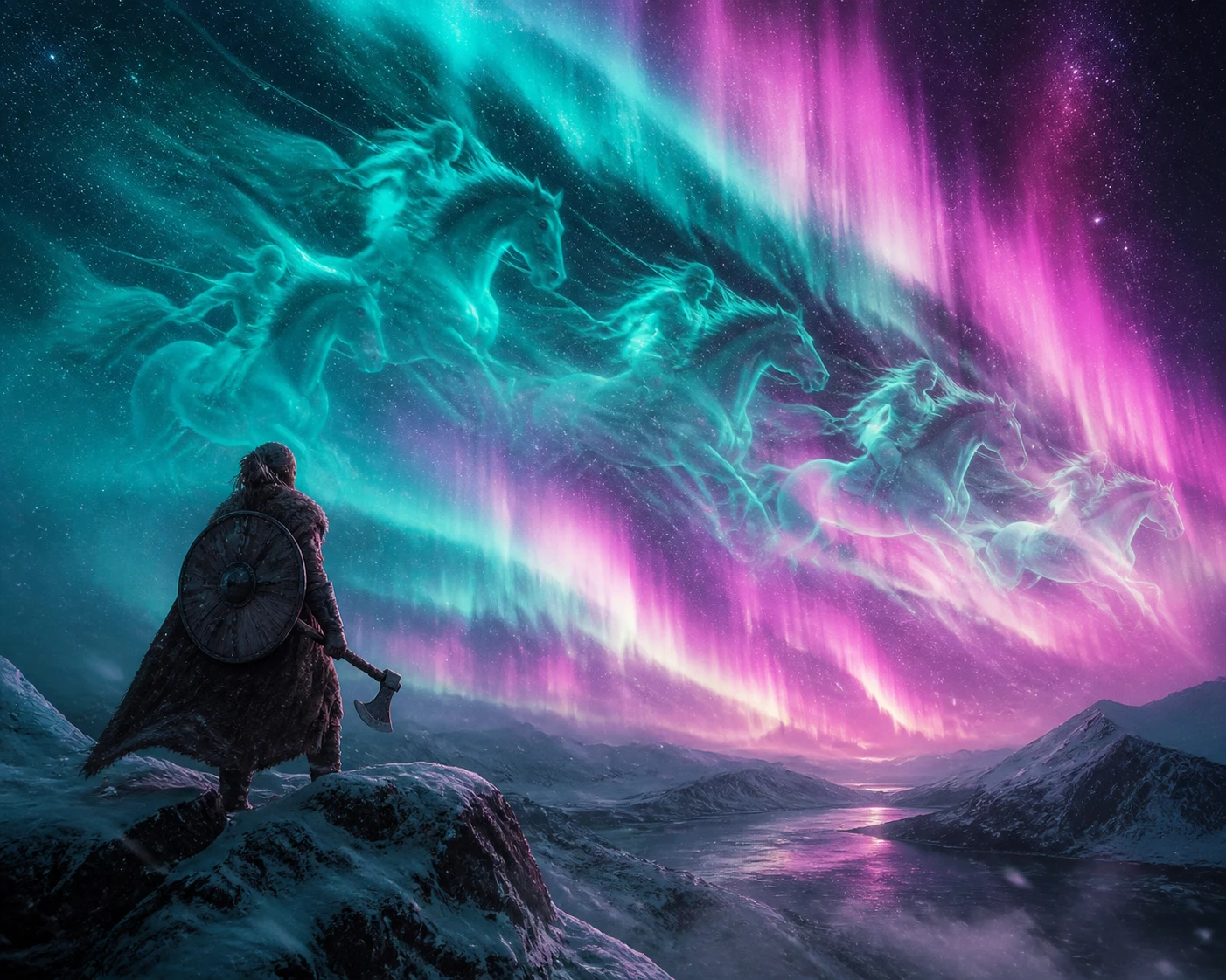 Wikingerkrieger auf schneebedecktem Gipfel unter brennenden Nordlichtern