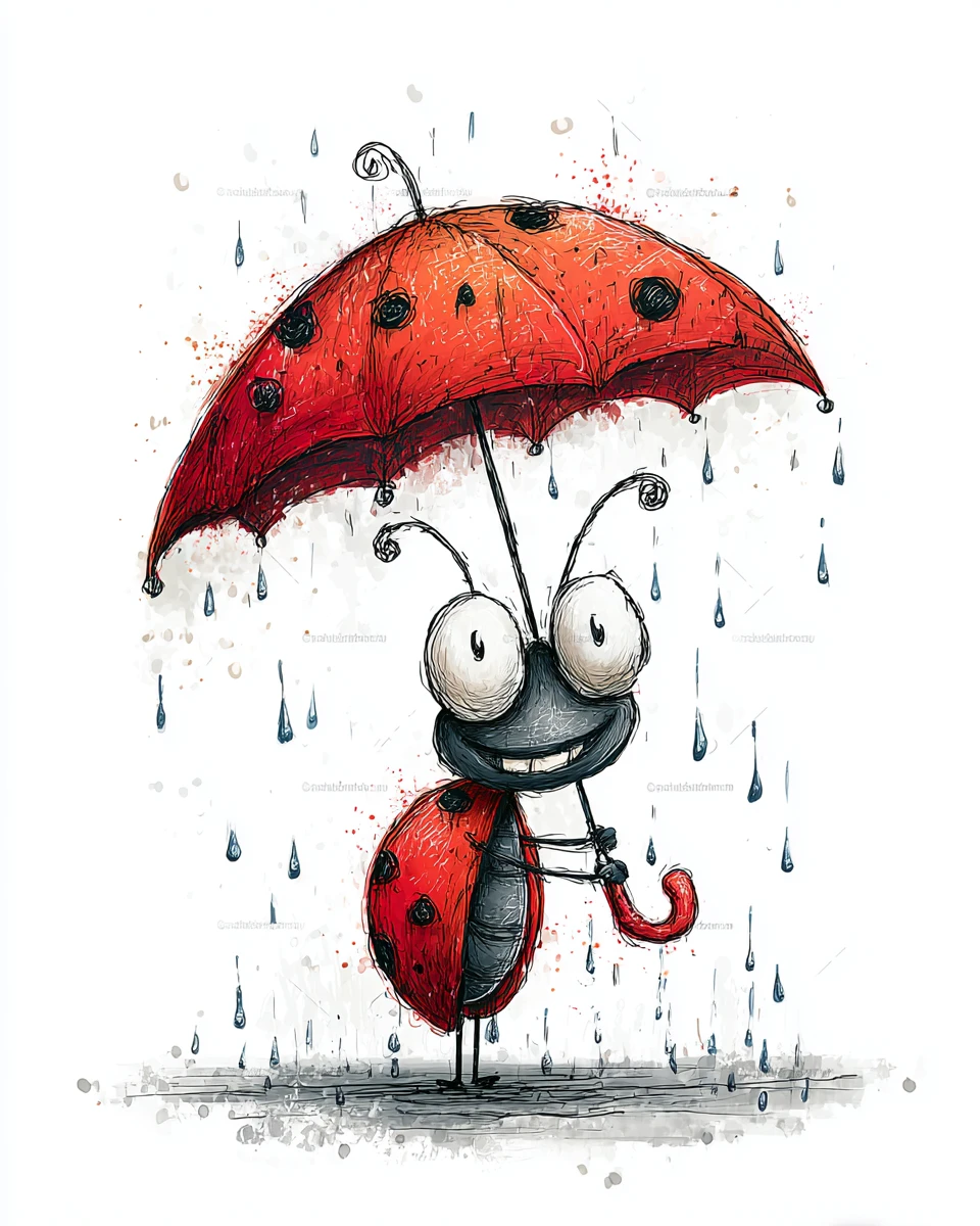 Coccinelle joyeuse en doodle tenant un parapluie sous la pluie