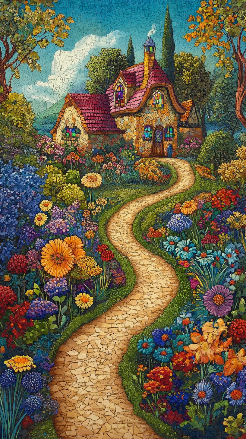 Sendero de Jardín Fantástico y Juguetón entre Cabañas Rústicas de Cuento