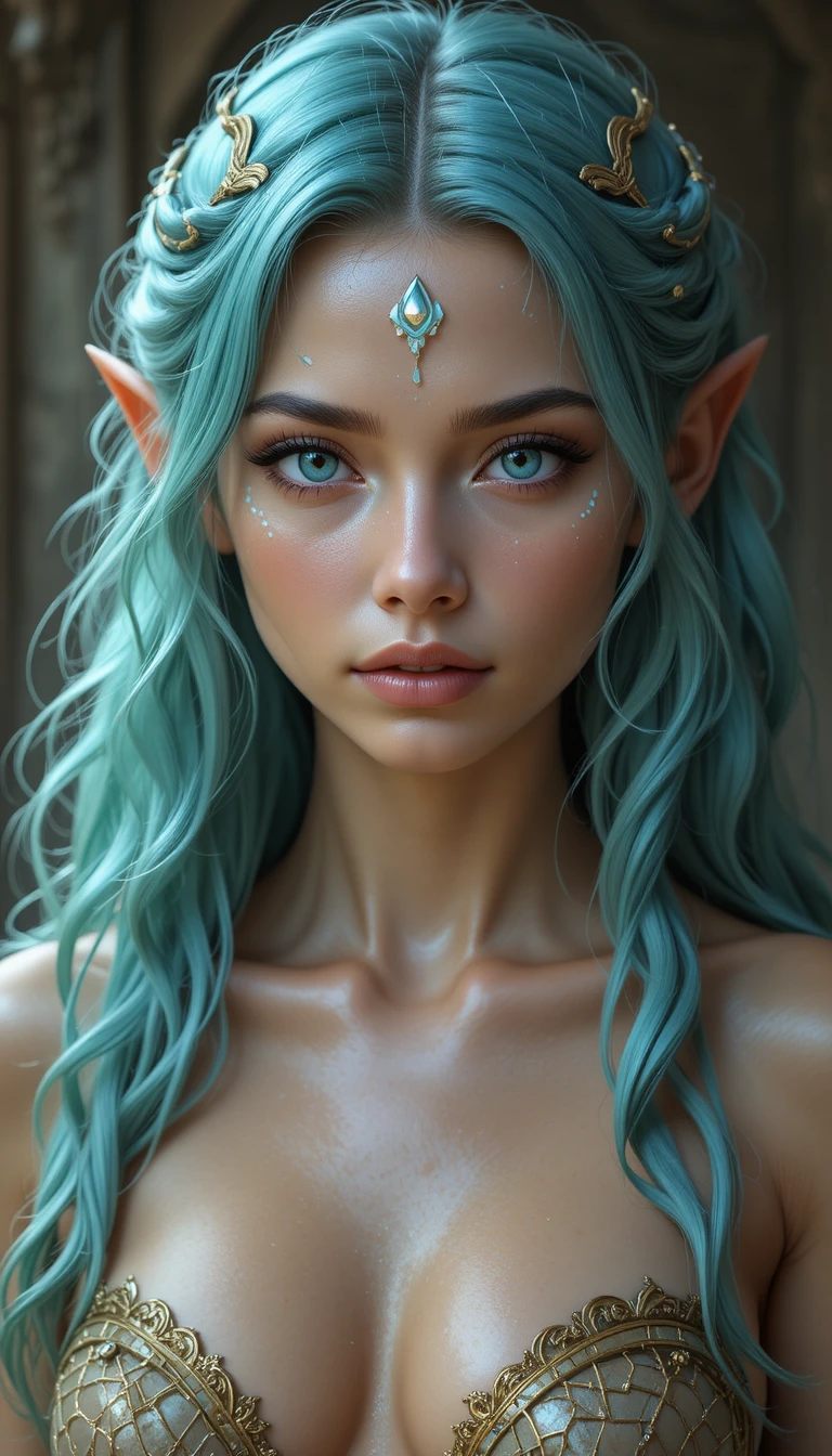 Elegante sirena de cabello azul verdoso en un mundo de fantasía