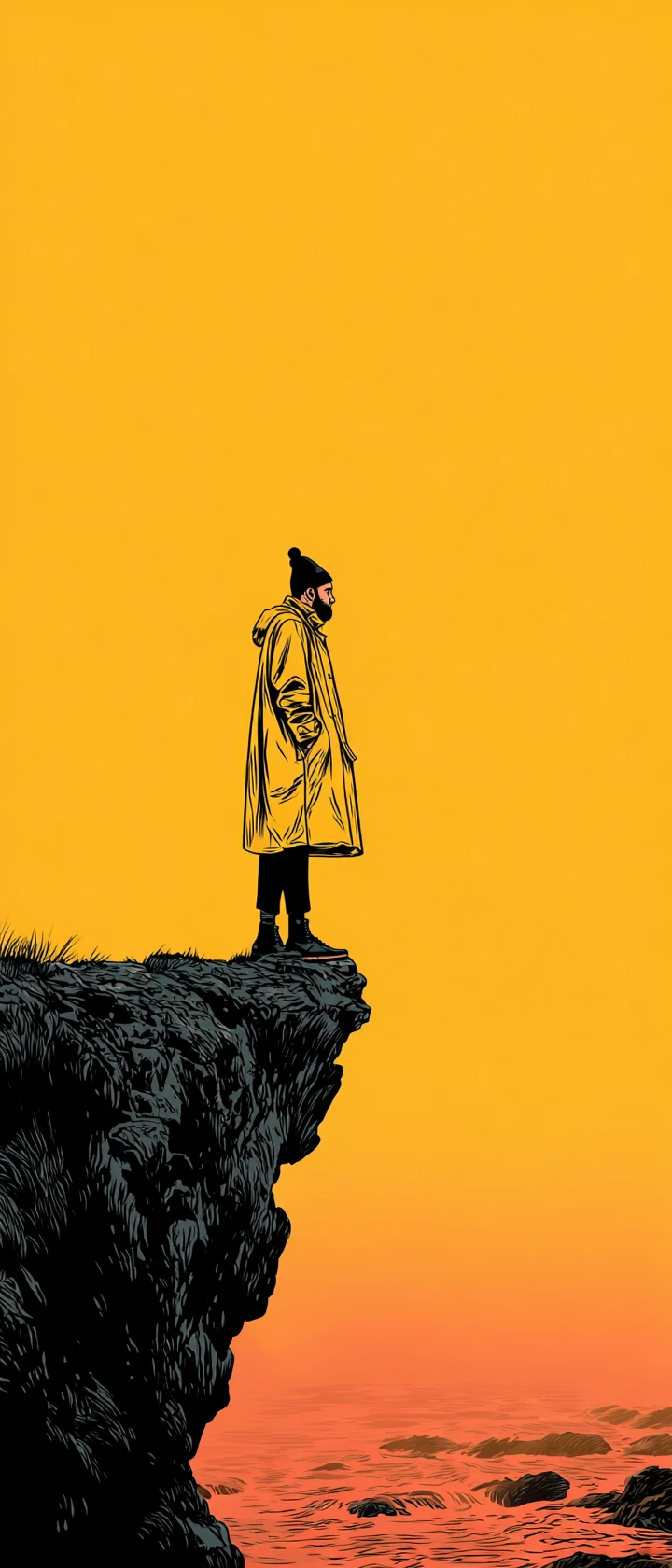 Homme en imperméable jaune sur une falaise brumeuse au coucher du soleil