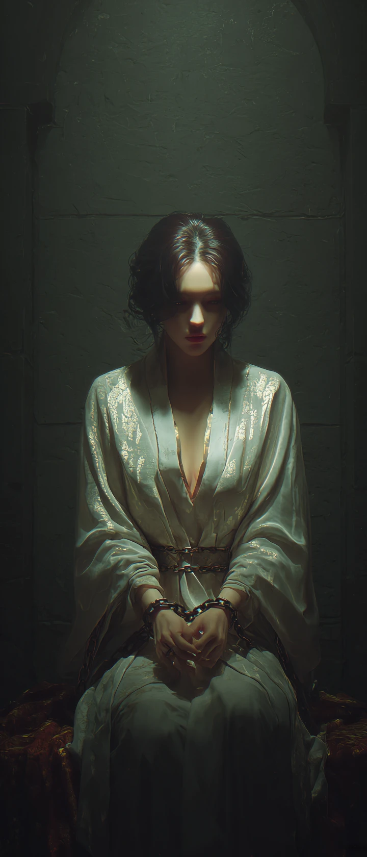 Chained royal maiden glowing softly in a dark dungeon