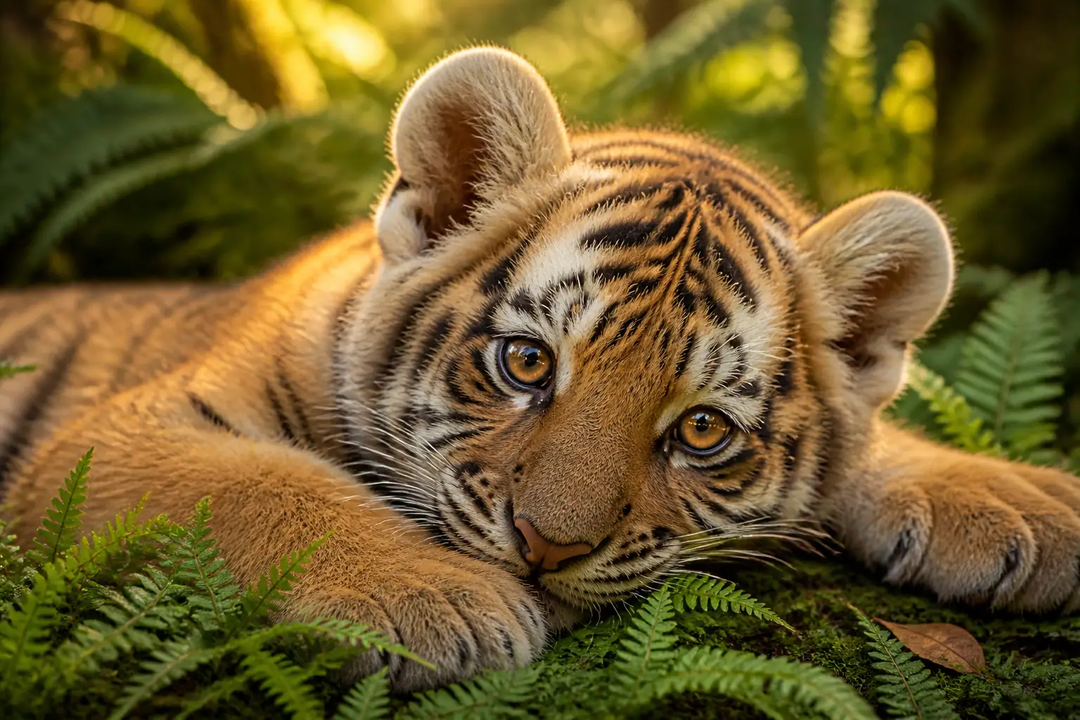 Baby tiger cub resting on ferns in jungle light
