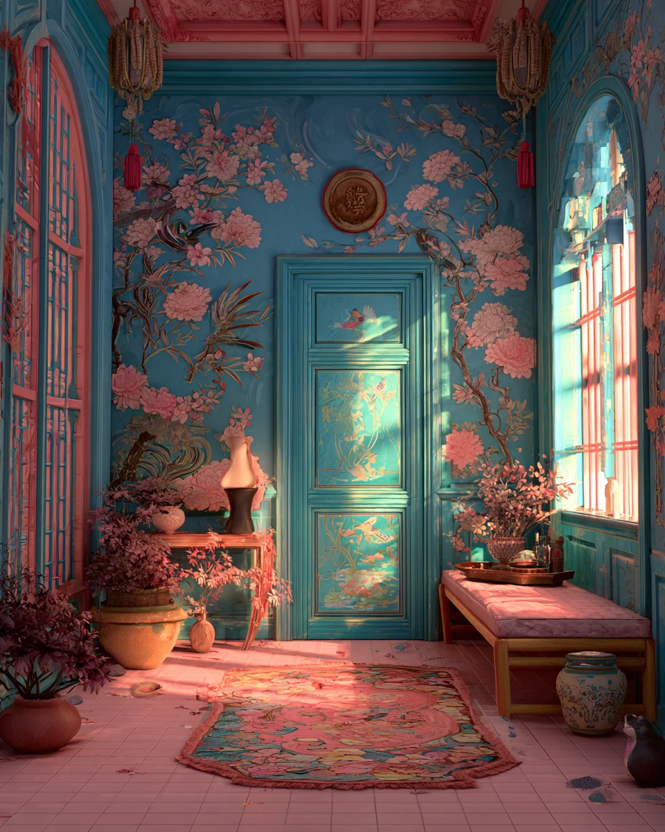Colorful chinoiserie interior with whimsical artistic decor