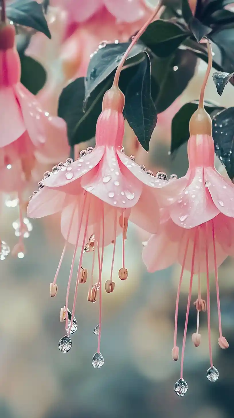 Romantic close up of dewy pink blossoms over water