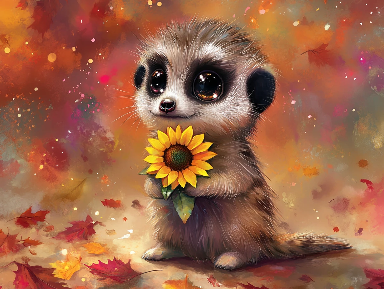 Cute baby meerkat holding sunflower in autumn colors