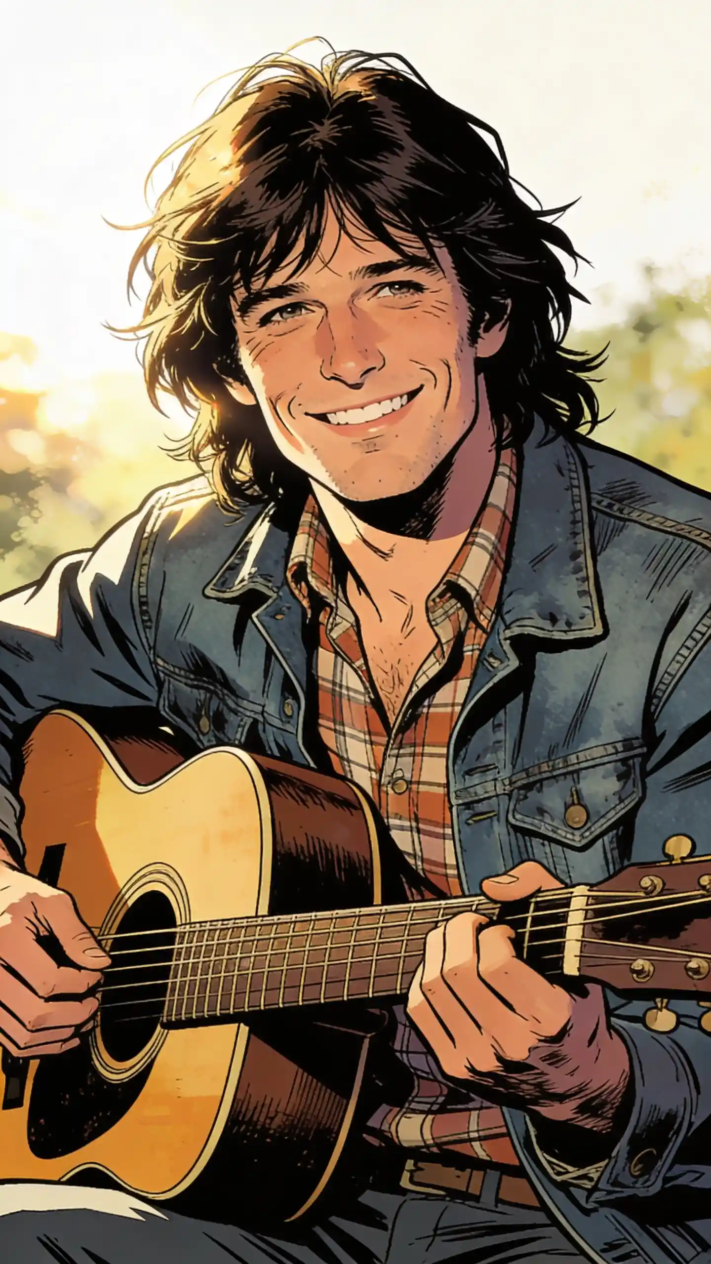 1960s folk musician portrait in warm outdoor illustration