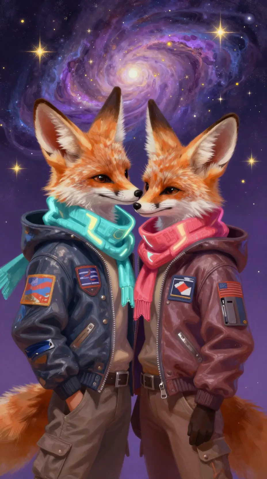 Anthropomorphe Fennek-Füchse, die sich unter einem Nebelhimmel umarmen