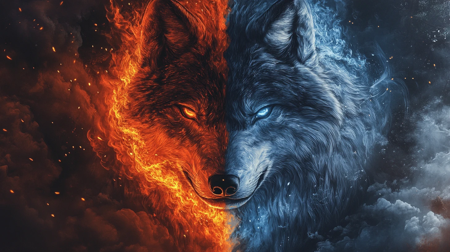 Lobo elemental majestoso em uma floresta dividida entre fogo e gelo