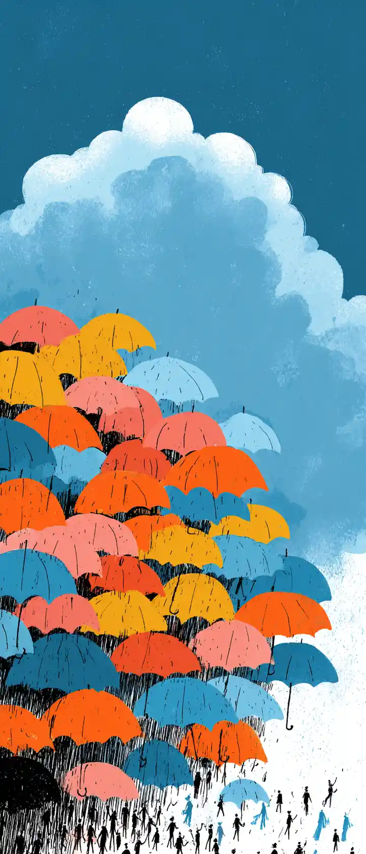 Cheerful cloud releasing a rainbow of floating umbrellas