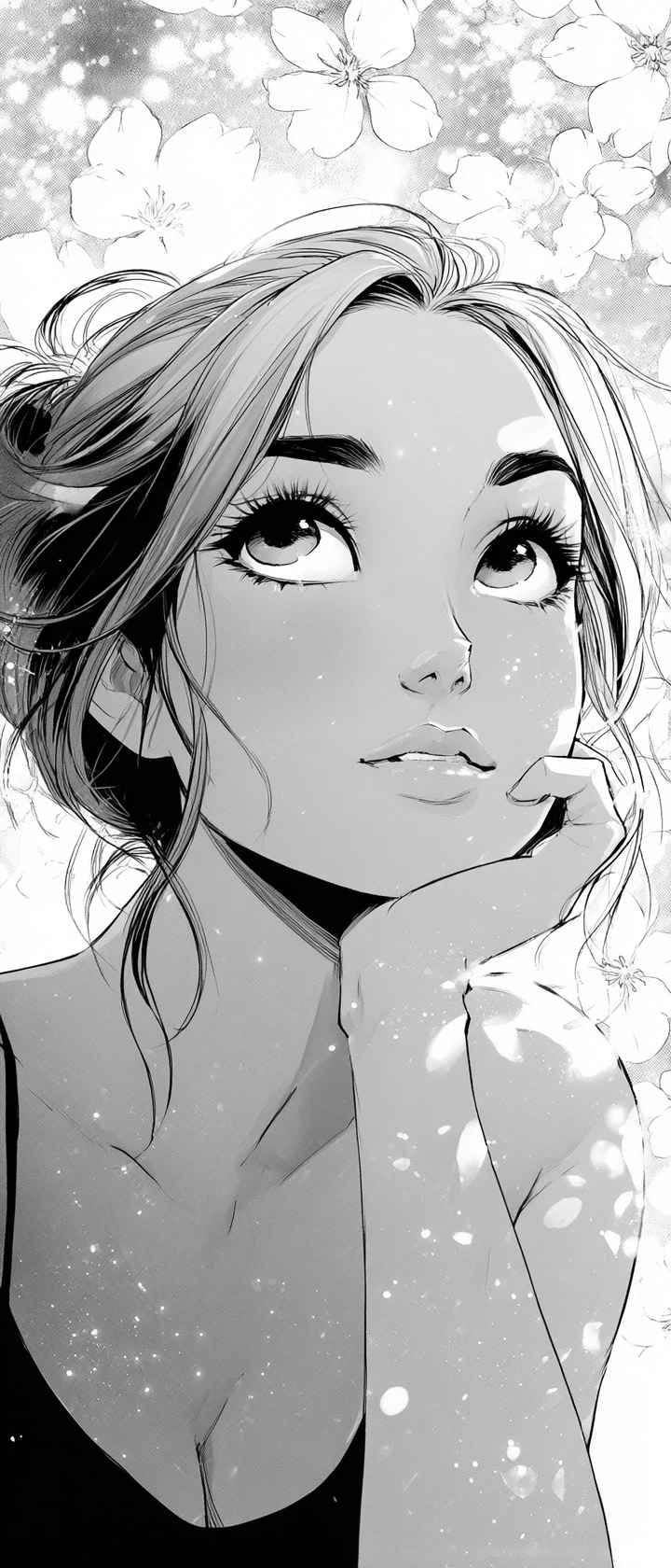 Träumerisches Manga-Mädchen-Porträt mit Blumenhintergrund