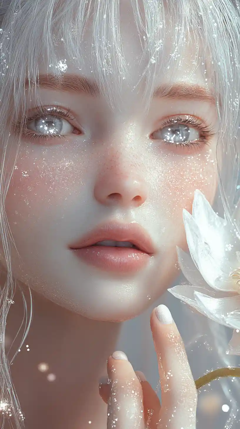 Ethereal anime girl portrait with luminous silver eyes