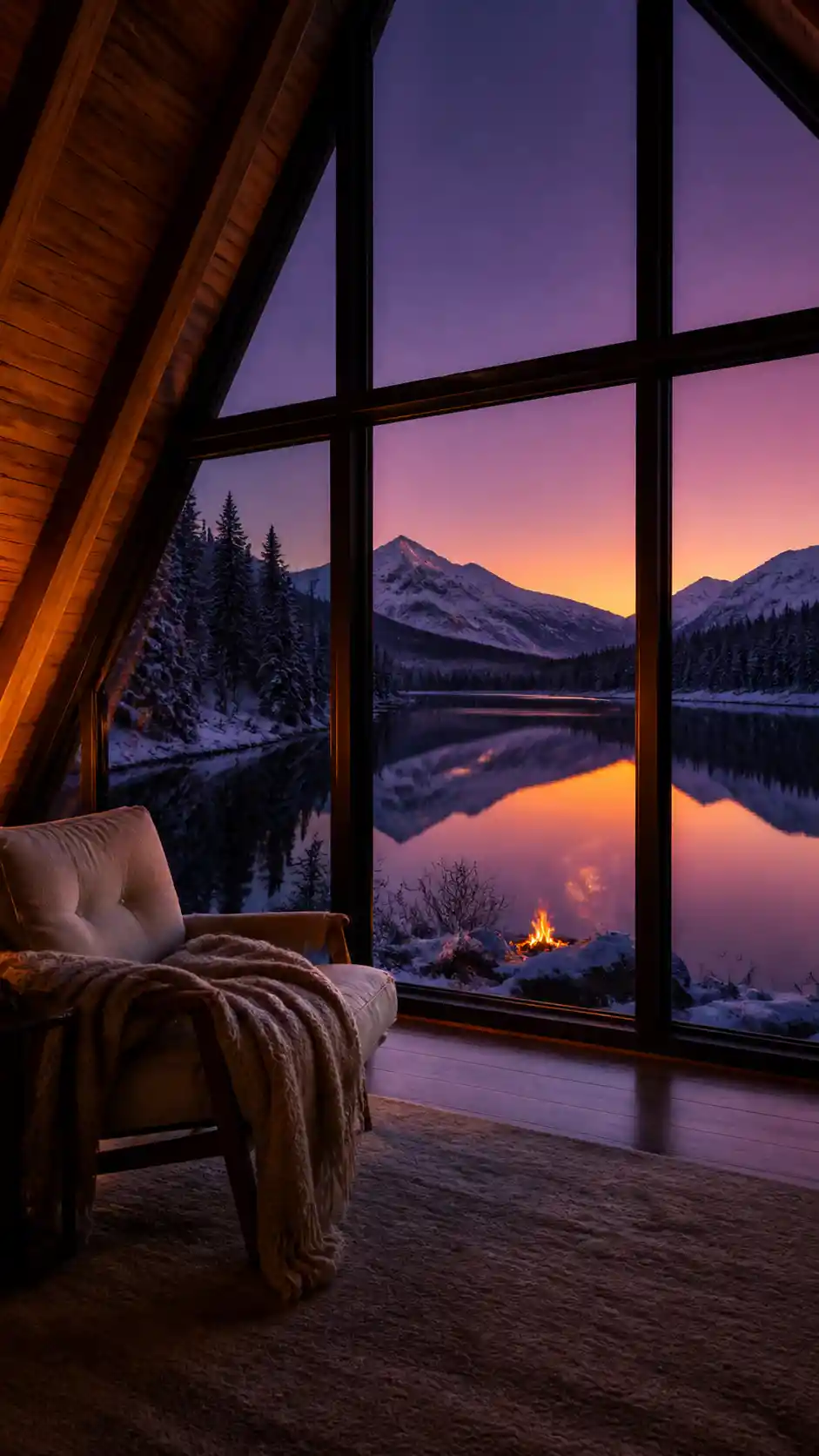 Minimalist cabin interior with alpine lake view at dusk