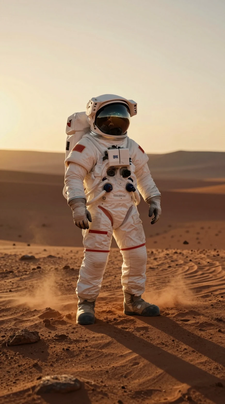 Astronaut auf marsianischer Düne bei Sonnenuntergang mit reflektierter Erde
