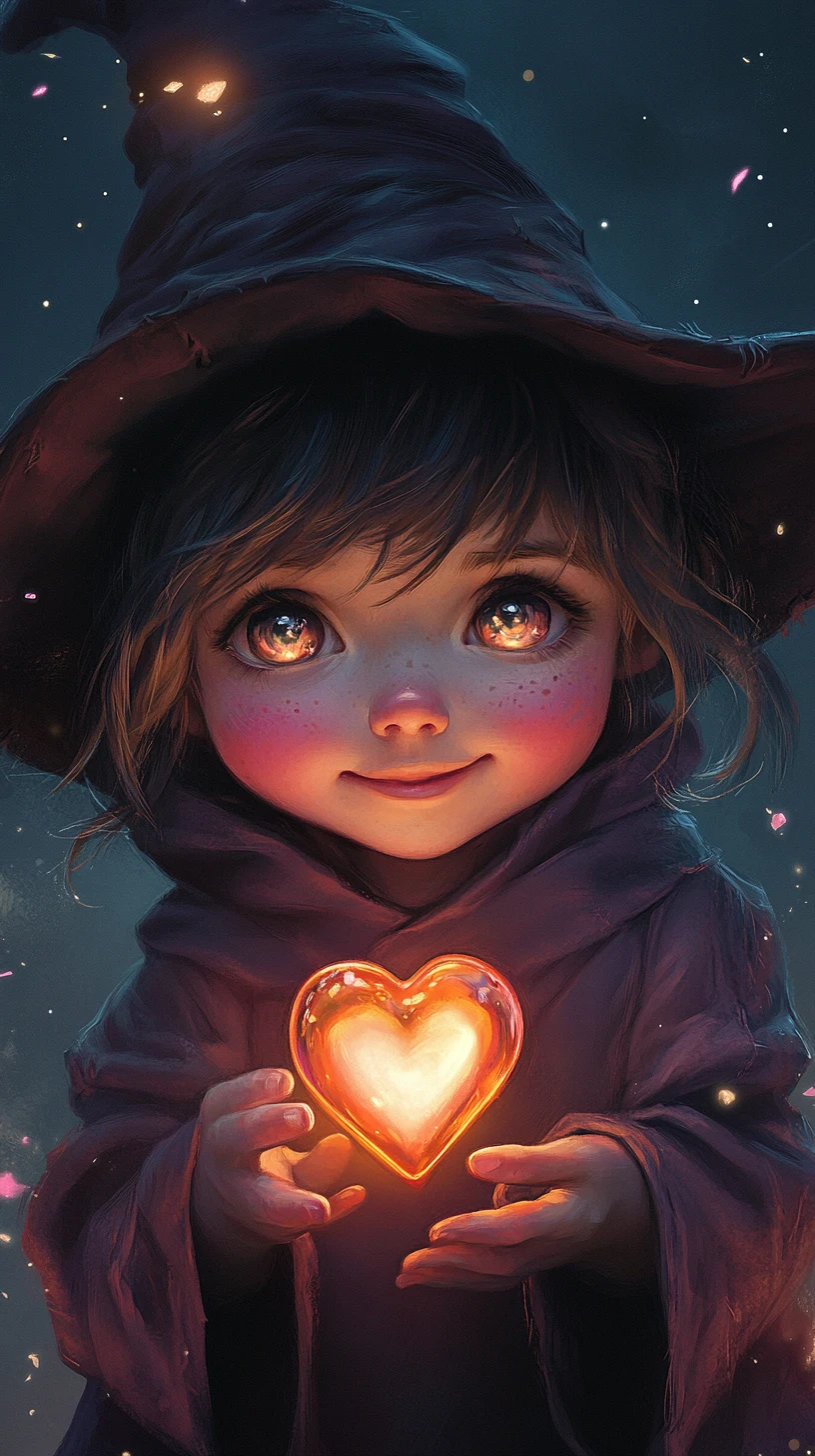 Adorable petit sorcier tenant un flacon de potion cœur lumineux