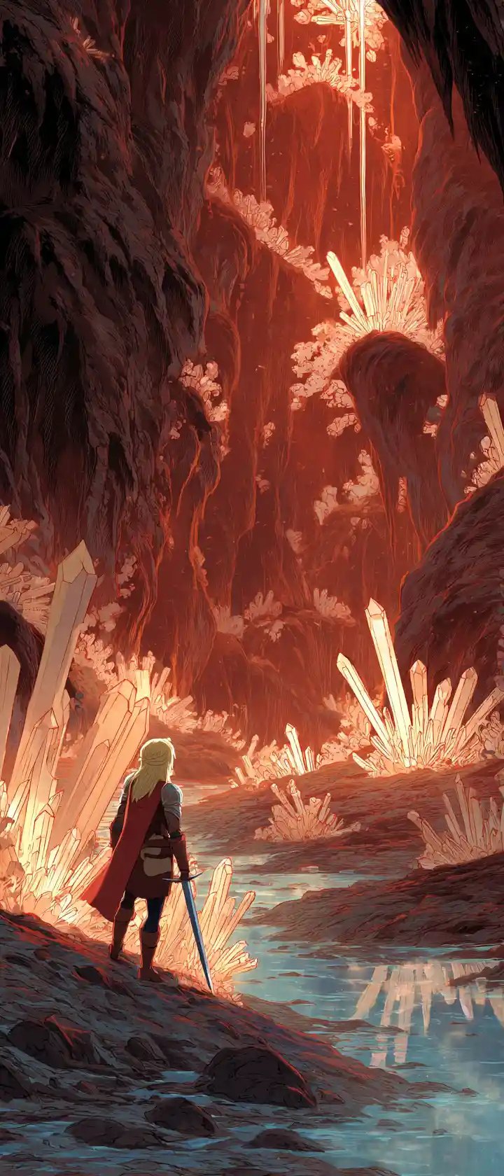 Cel shaded warrior woman in glowing crystal cave