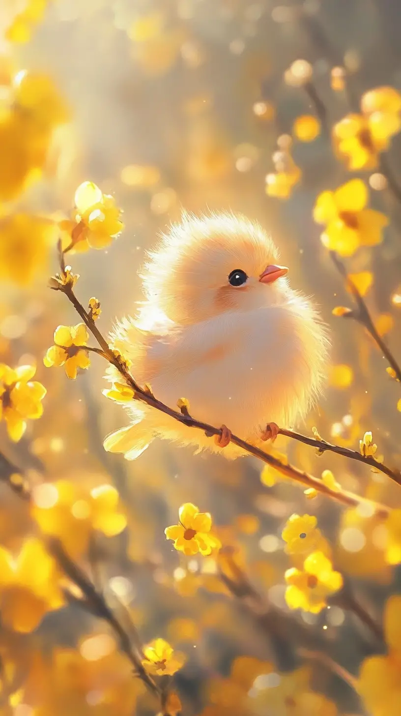 Goldener Vogel auf Ast im gelben Blumenfeld