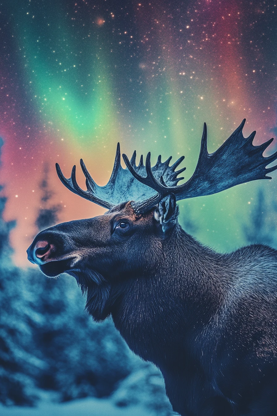 Alce Sotto le Luminose Aurore Boreali in un Paesaggio Invernale Ghiacciato
