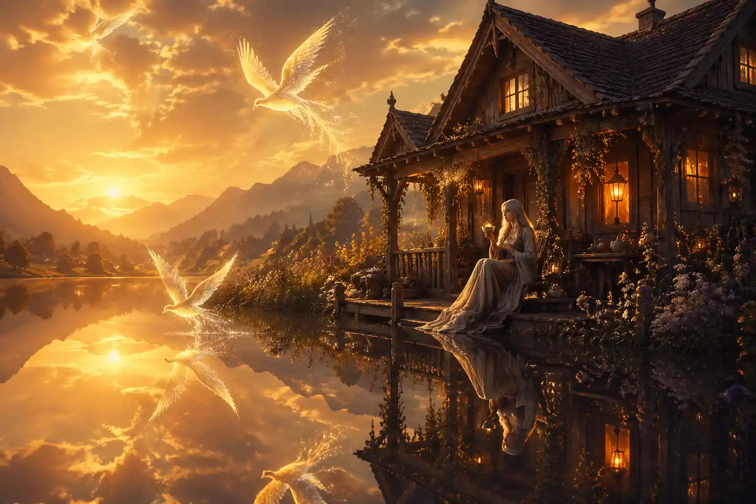 Quiet countryside house by a golden hour lakeside