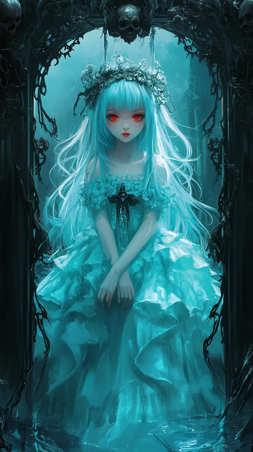 Ethereal blue haired girl in a gothic mirror frame