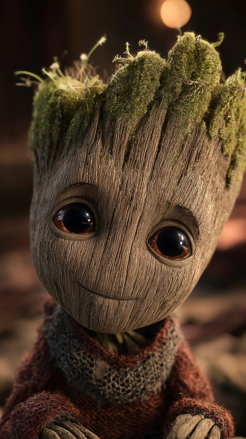 Cute tree creature portrait with moss crown and warm gaze