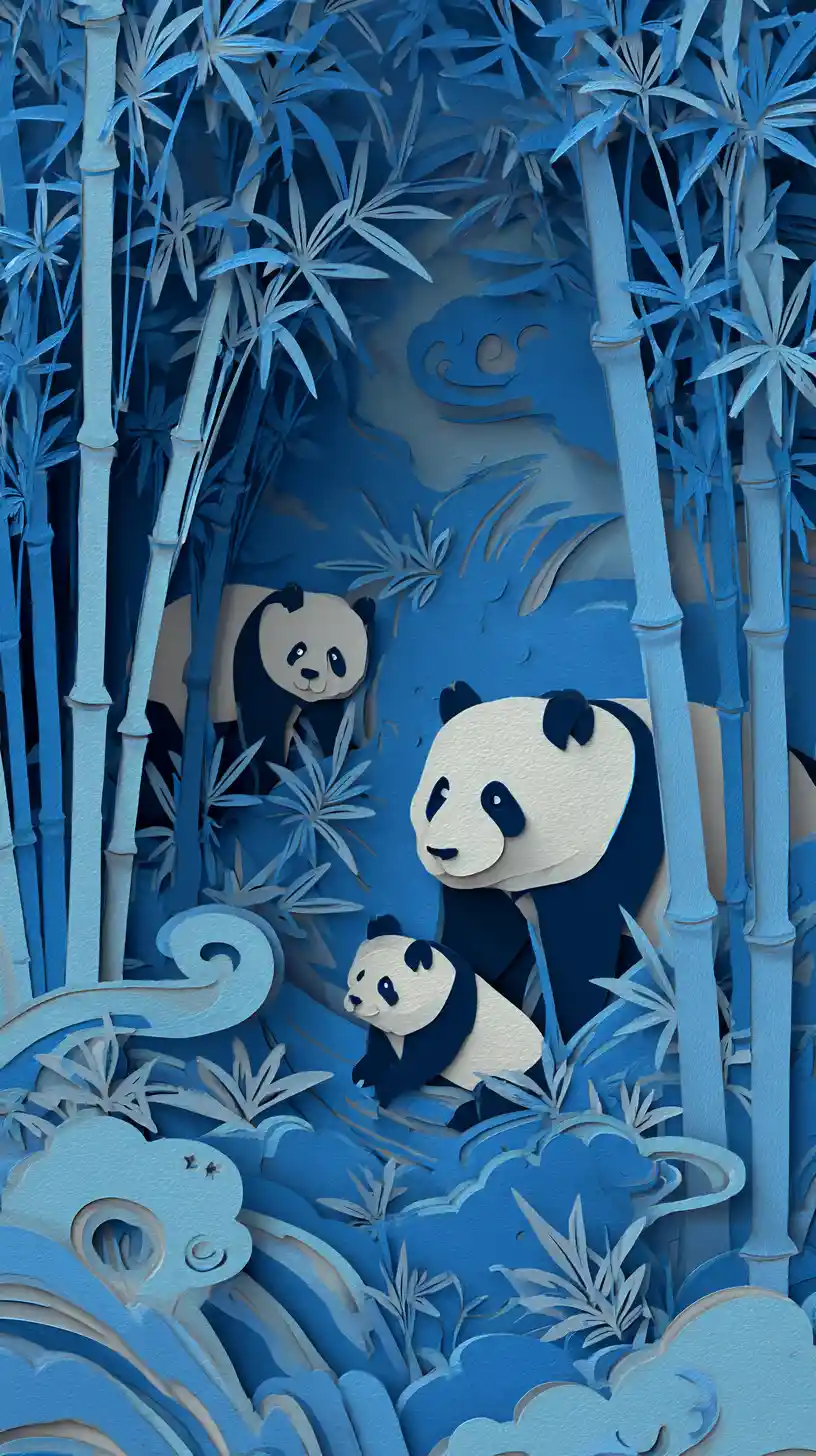 Baby panda in layered paper cut bamboo forest art