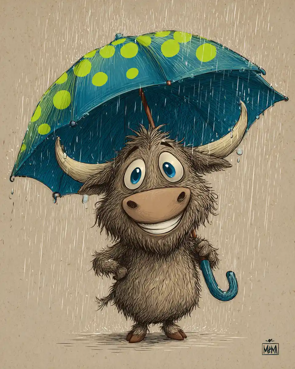Cheerful Baby Bison With Umbrella In The Rain