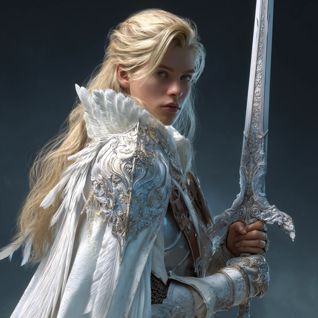 Blonder, blauäugiger Paladin mit himmlischem Schwert und Schild