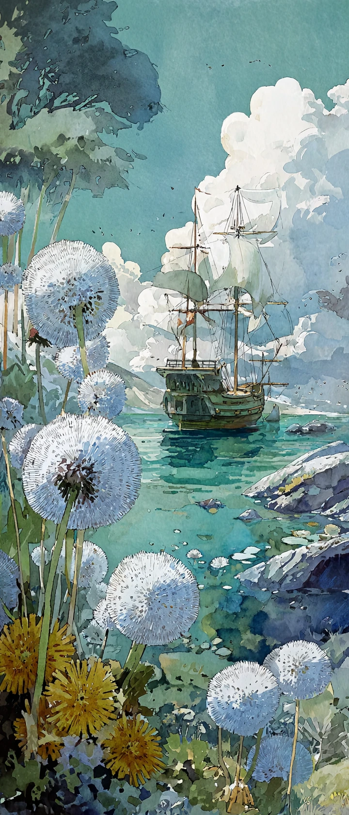Watercolor sailing ship on the open sea with abstract forms
