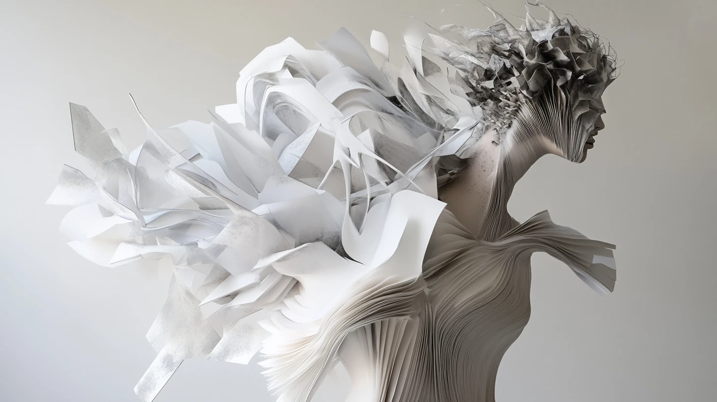 Scultura femminile astratta che si dissolve in frammenti geometrici