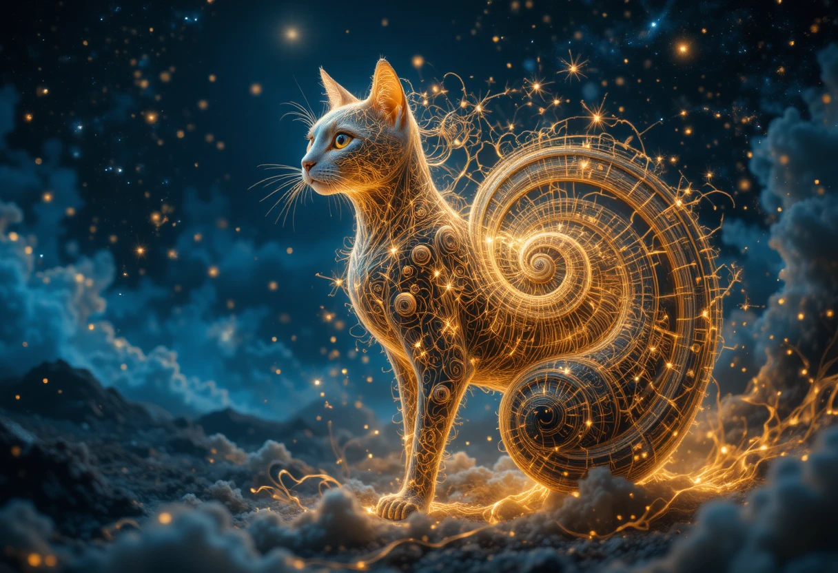 Majestätische Nautilus-Katze in leuchtender heiliger Geometrie
