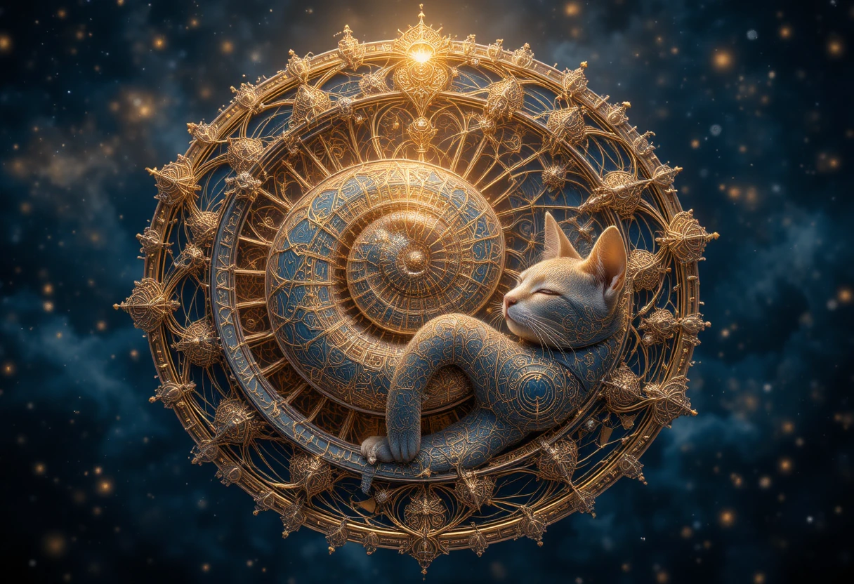 Gatto che dorme raggomitolato in una spirale dorata a conchiglia di nautilus
