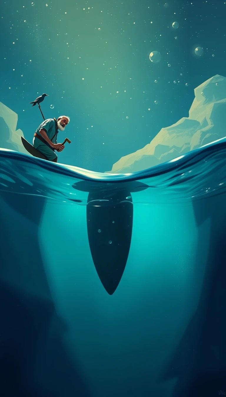 Vieux pêcheur seul en mer avec sa ligne