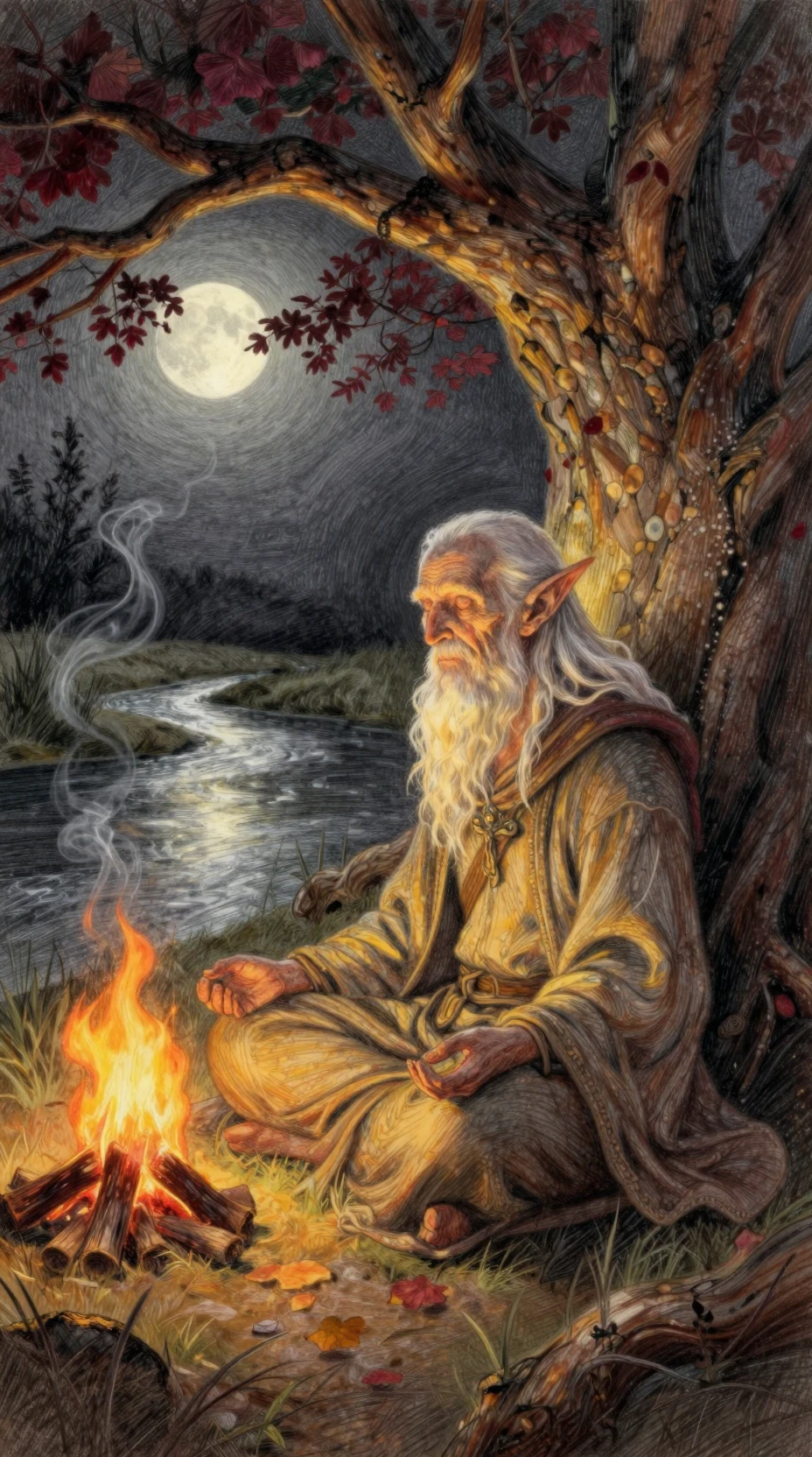Vecchio elfo che medita sotto un albero contorto lungo il fiume