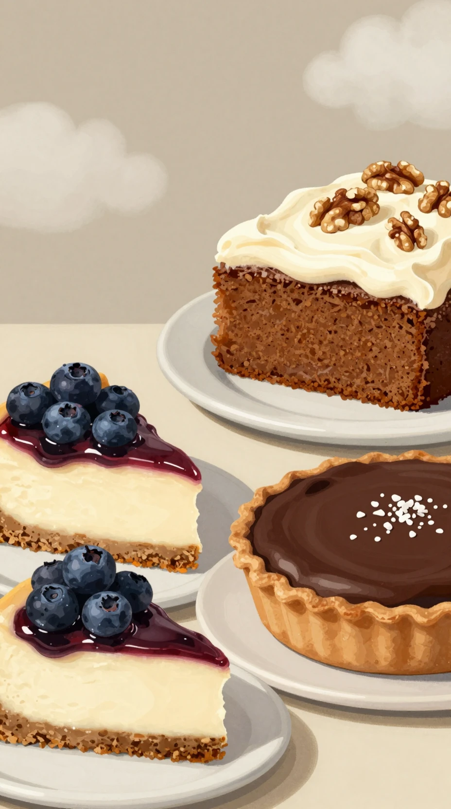 Drei klassische amerikanische Kuchen im Retro-Illustrationsstil