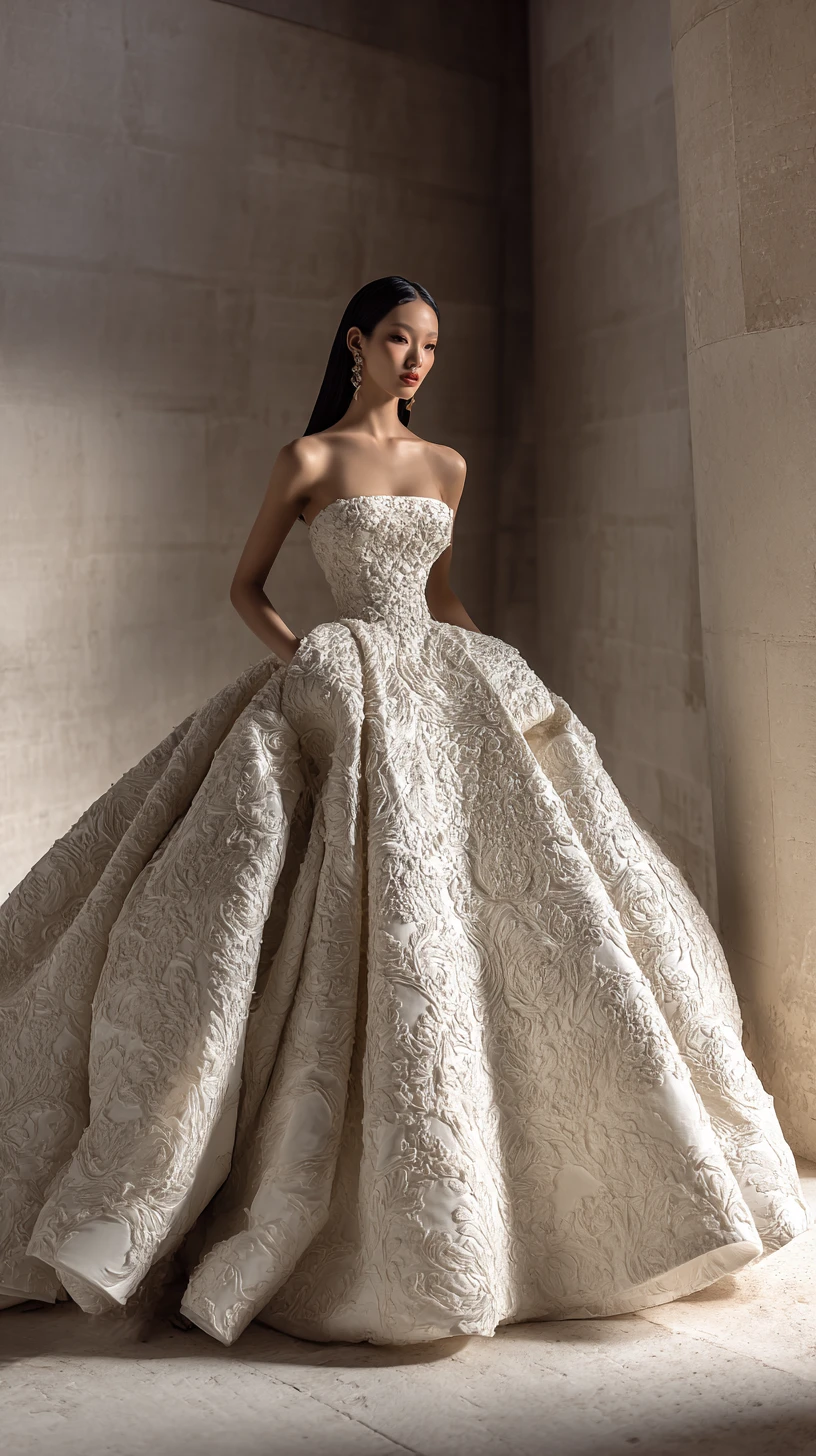 Elegante sposa vietnamita in abito da sposa avorio di alta moda