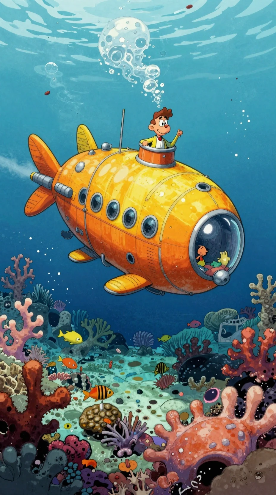 Whimsical Submarine Exploring A Fantasy Coral Reef