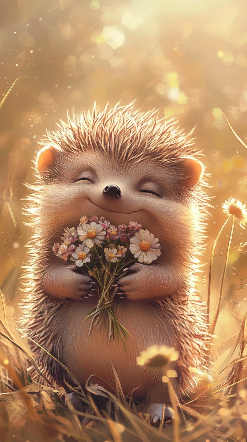 Ilustração de ouriço-bebê fofo segurando flores na luz morna do sol