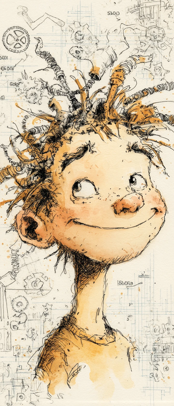 Playful child portrait with chaotic mechanical mind cutaway