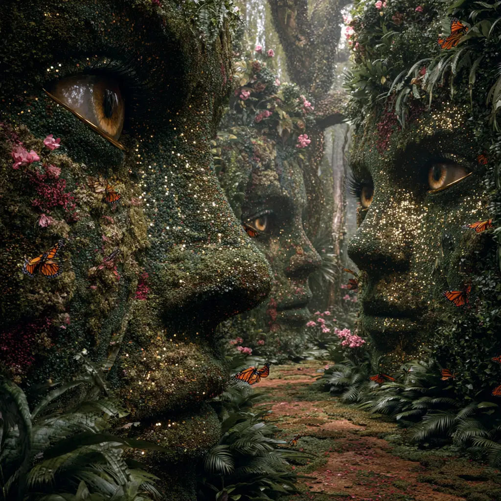 Surrealer Gartenlabyrinth mit lebenden Formschnitt-Gesichtern und Augen