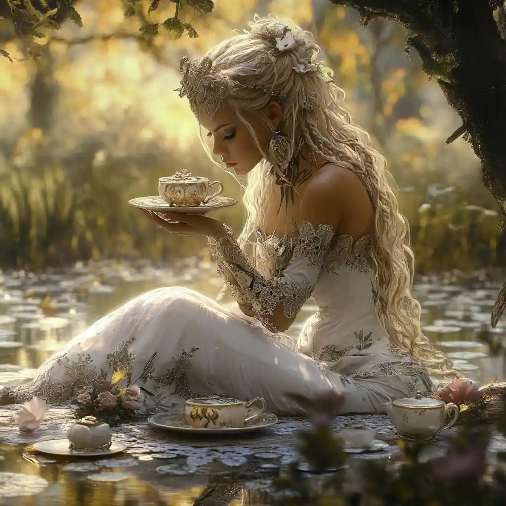 Whimsical fairy woman sitting at a charming pastel teatime
