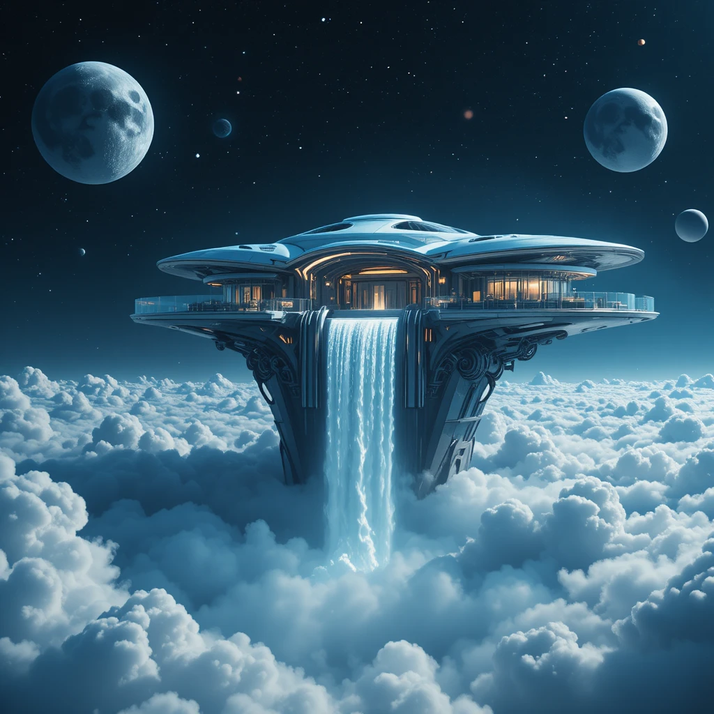 Futuristisches Haus auf Wolken über dem tiefen Weltraum