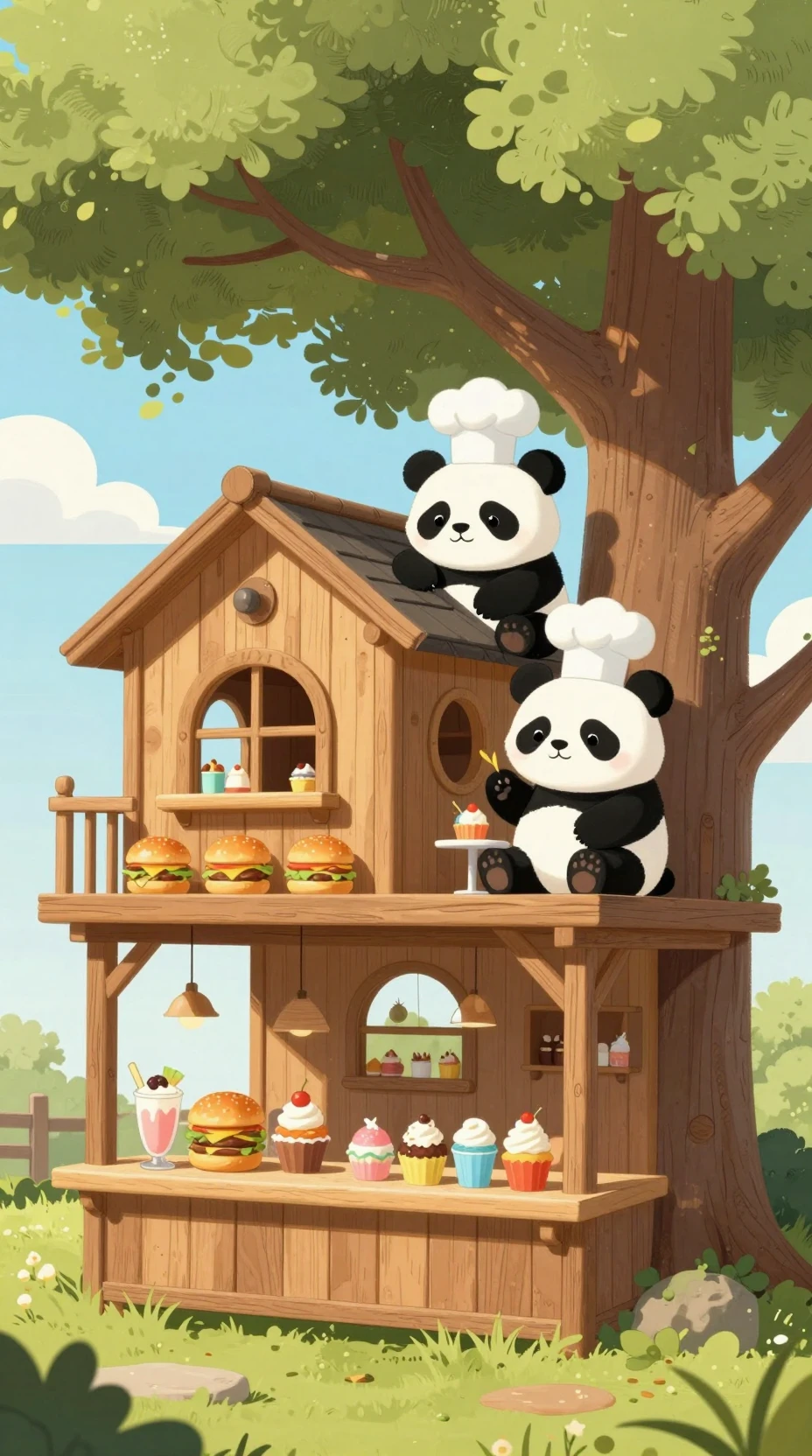 Affascinante caffè in una casetta sull’albero di legno con simpatici panda